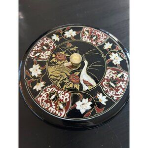 Handcrafted Japanese Lacquerware Box Crane & Floral Design Round Black & Red
